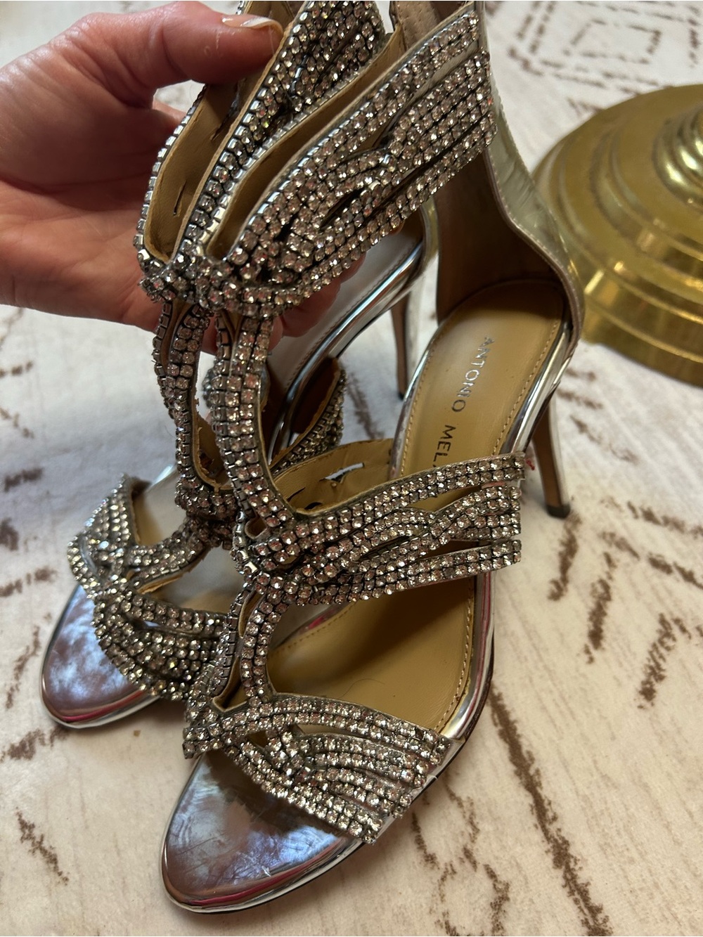 Antonio Melani Silver Rhinestone Strappy Heels Size 7 Evening Shoes - Picture 13 of 15